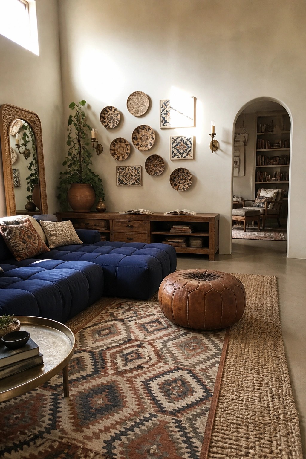 A living room with a large blue sectional sofa, brown leather pouf, patterned area rug, wooden console table, and decorative wall baskets and tiles.