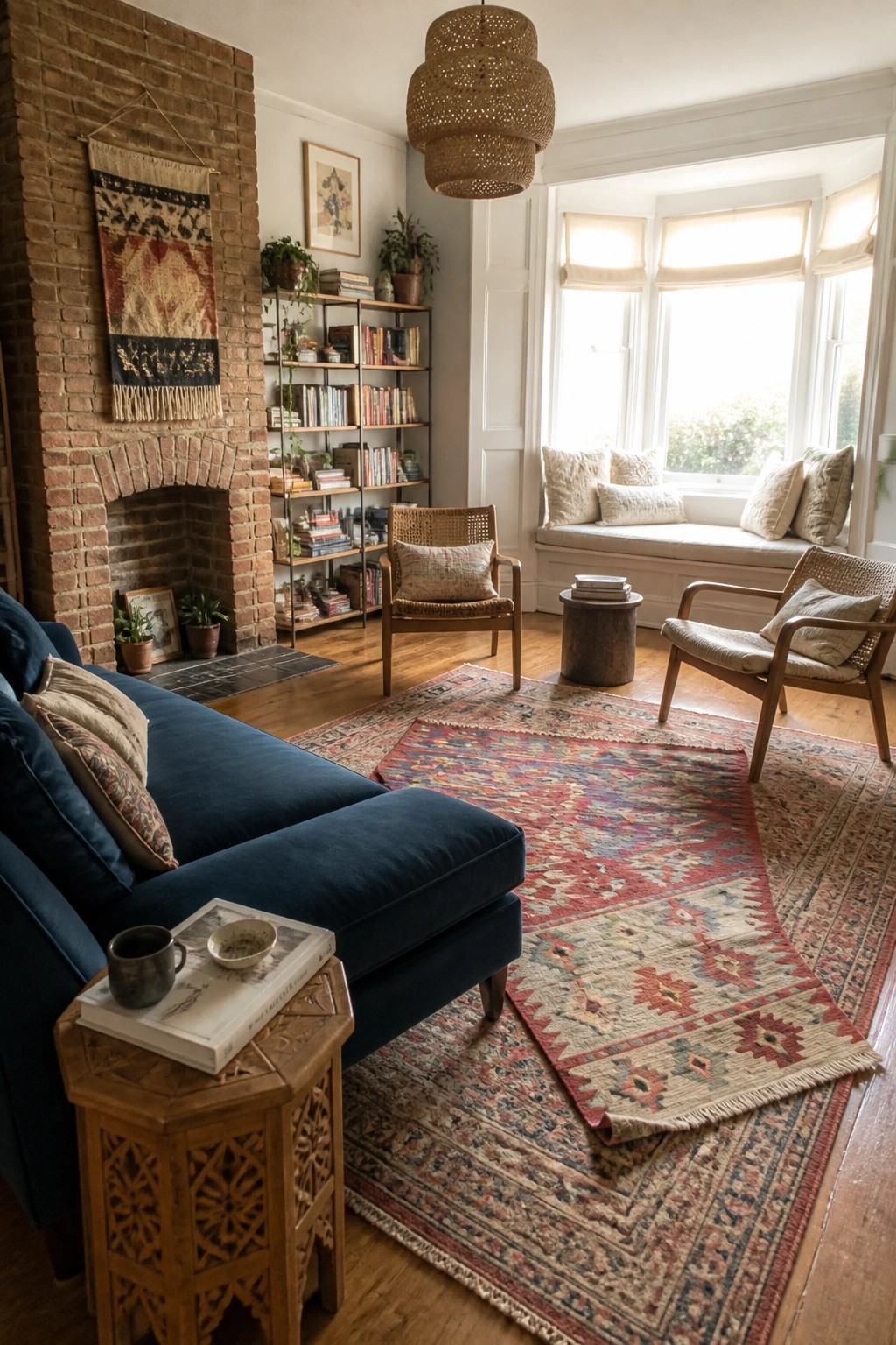 A living room featuring a blue velvet sectional sofa, layered patterned rugs on hardwood floors, a brick fireplace with wall hanging, and woven accent chairs near a bay window.