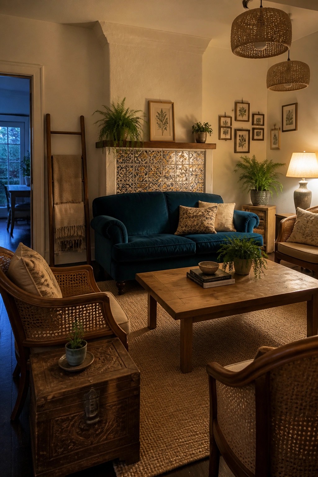 A cozy living room with a blue velvet sofa, wooden coffee table on a woven rug, rattan chairs, and potted plants under woven pendant lights.