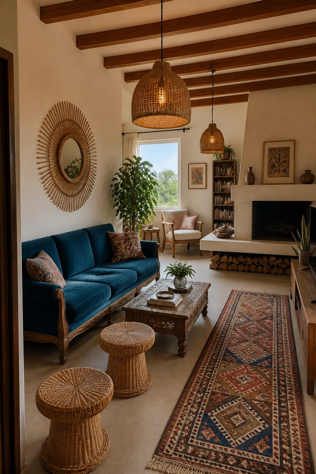 A living room with a teal velvet sofa, wooden coffee table on a long patterned rug, woven stools, a fireplace, and hanging wicker light fixtures.