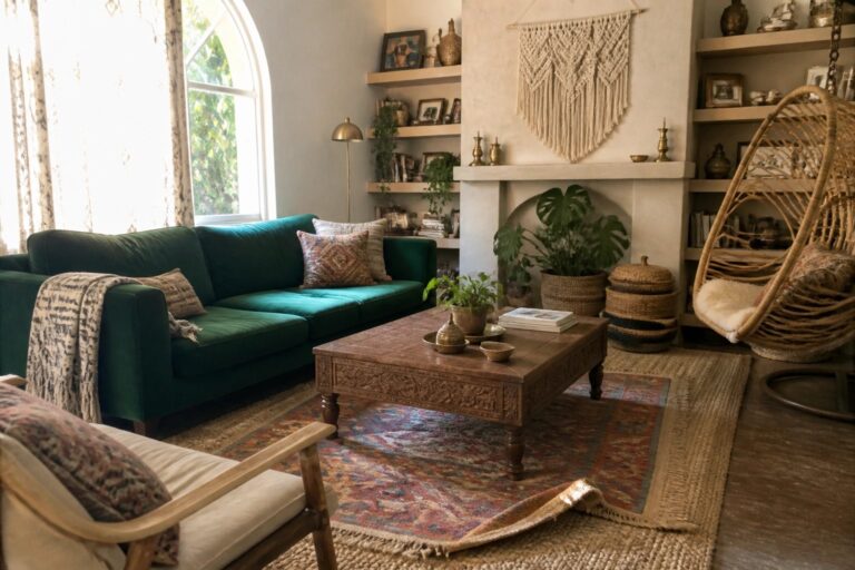 22 Colorful Boho Chic Living Room Ideas Built Around Jewel-Tone Upholstery A living room with a green velvet sofa, wooden coffee table, macrame wall hanging above a fireplace, hanging chair by an arched window, and layered rugs on the floor.