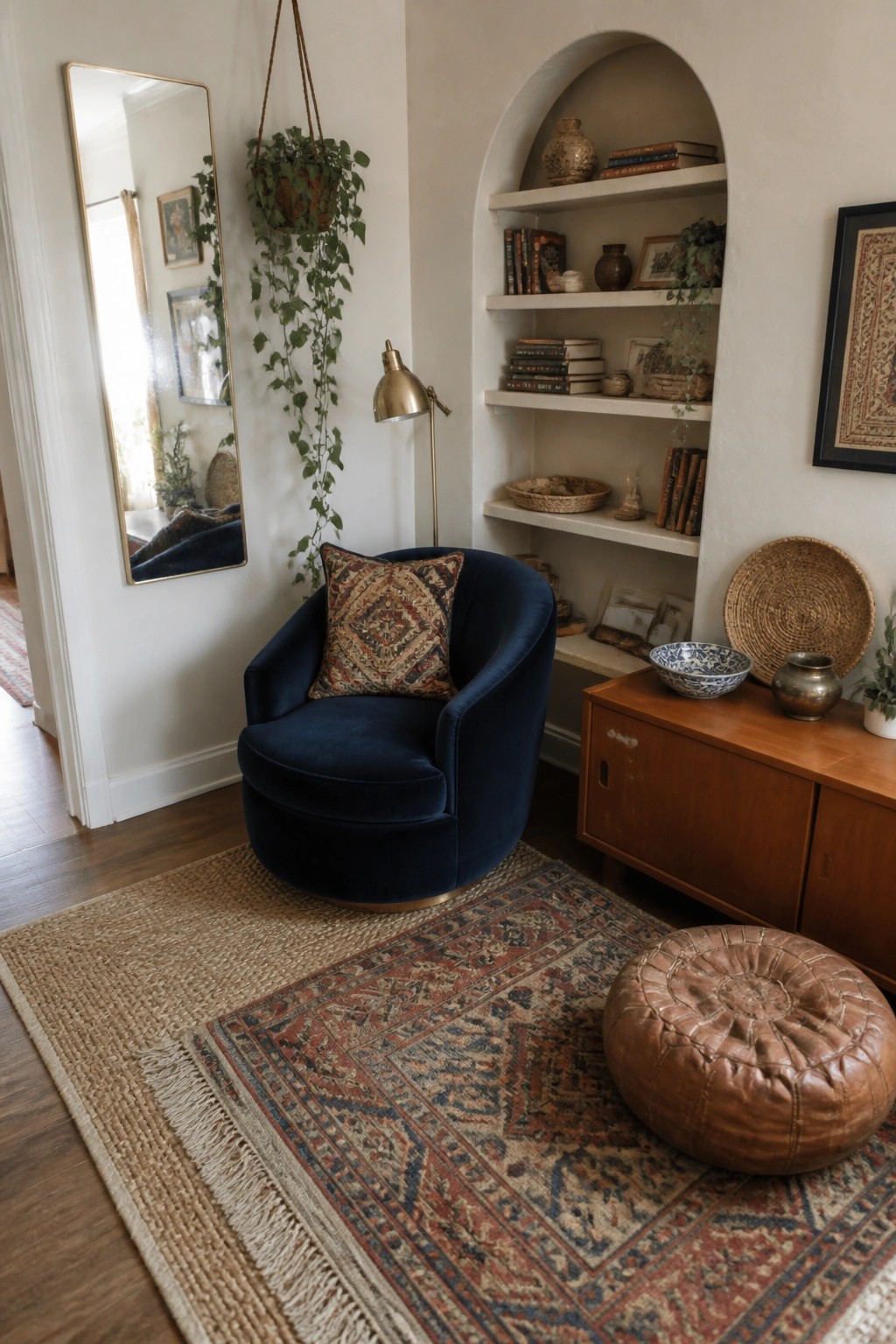 A navy blue velvet swivel chair with a patterned pillow sits on a layered rug in front of built-in arched white shelves holding books and pottery.