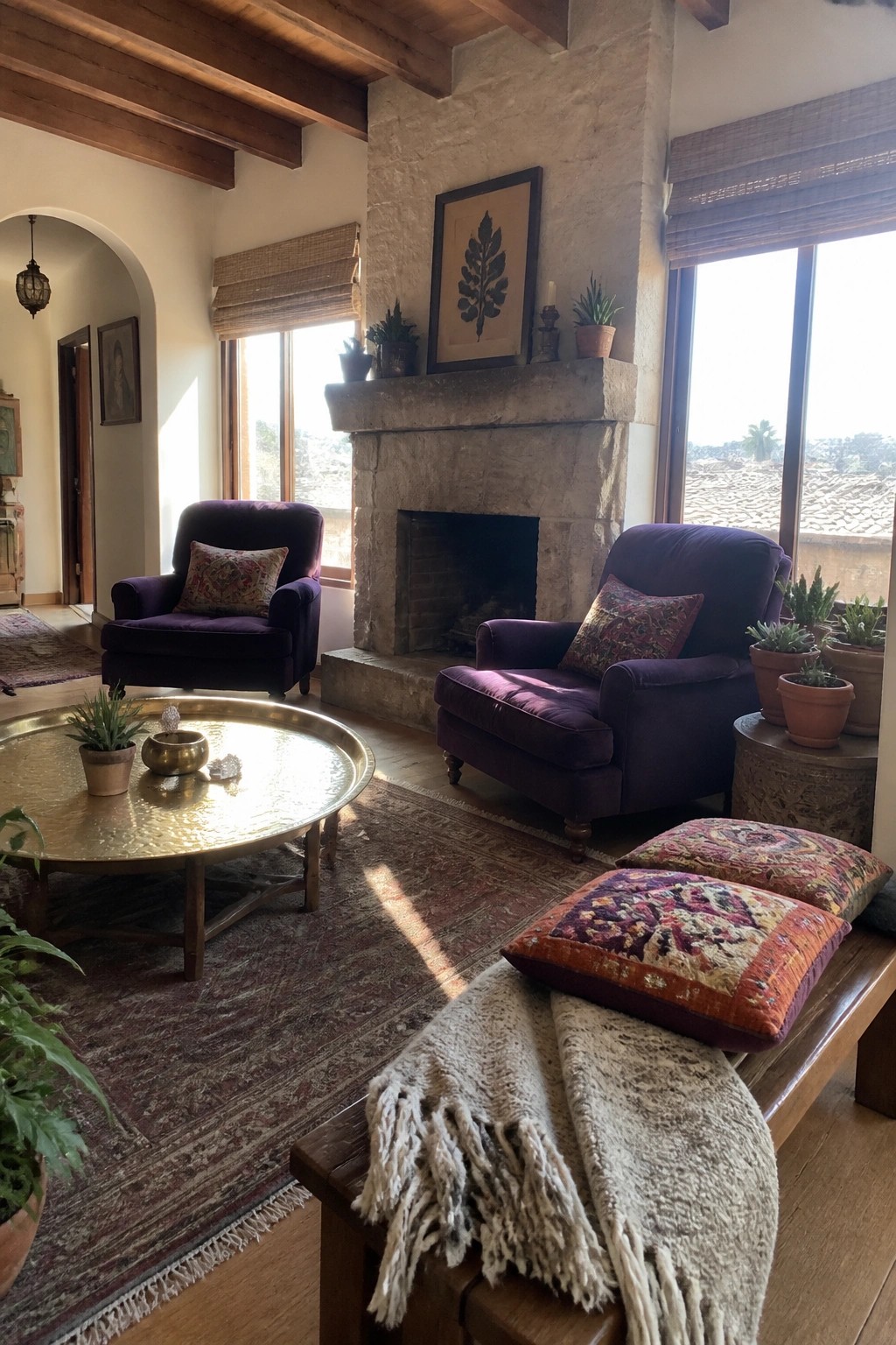 Cozy sunlit living room with purple armchairs, stone fireplace, and brass table.