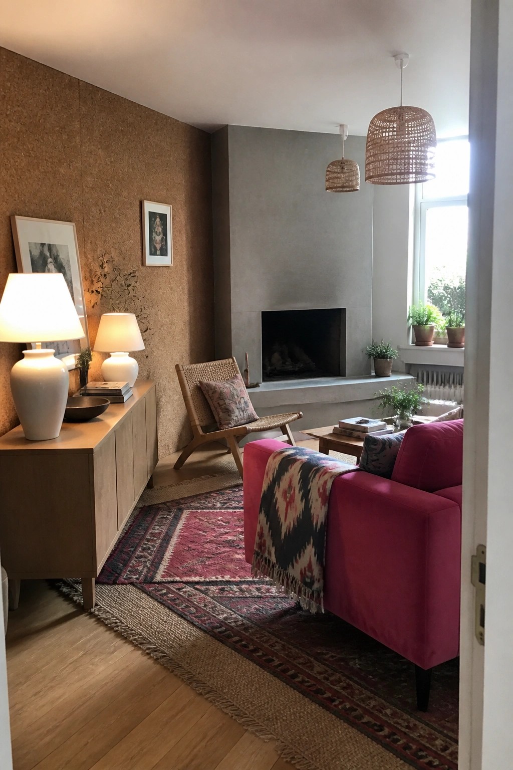 Living room with a bright pink upholstered sofa, patterned throw, woven accent chair, layered rugs, cork accent wall, and concrete fireplace.