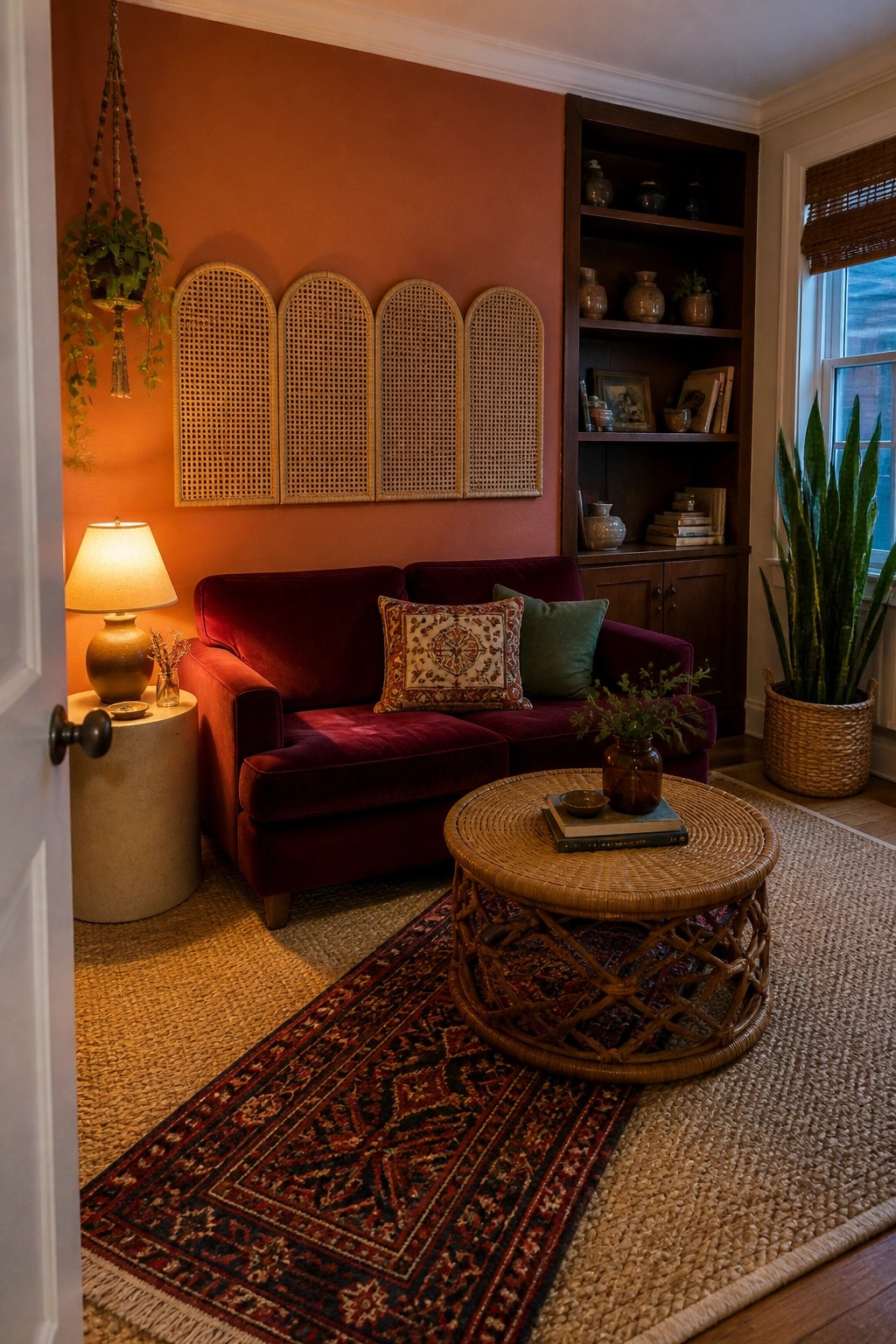 Red velvet sofa, round wicker table, and wooden bookshelf against terracotta wall