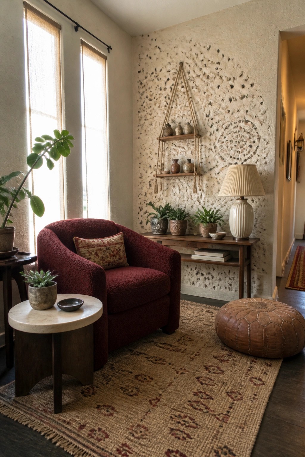 A red upholstered armchair sits on a patterned rug in front of a light stone wall with hanging shelves and potted plants nearby.