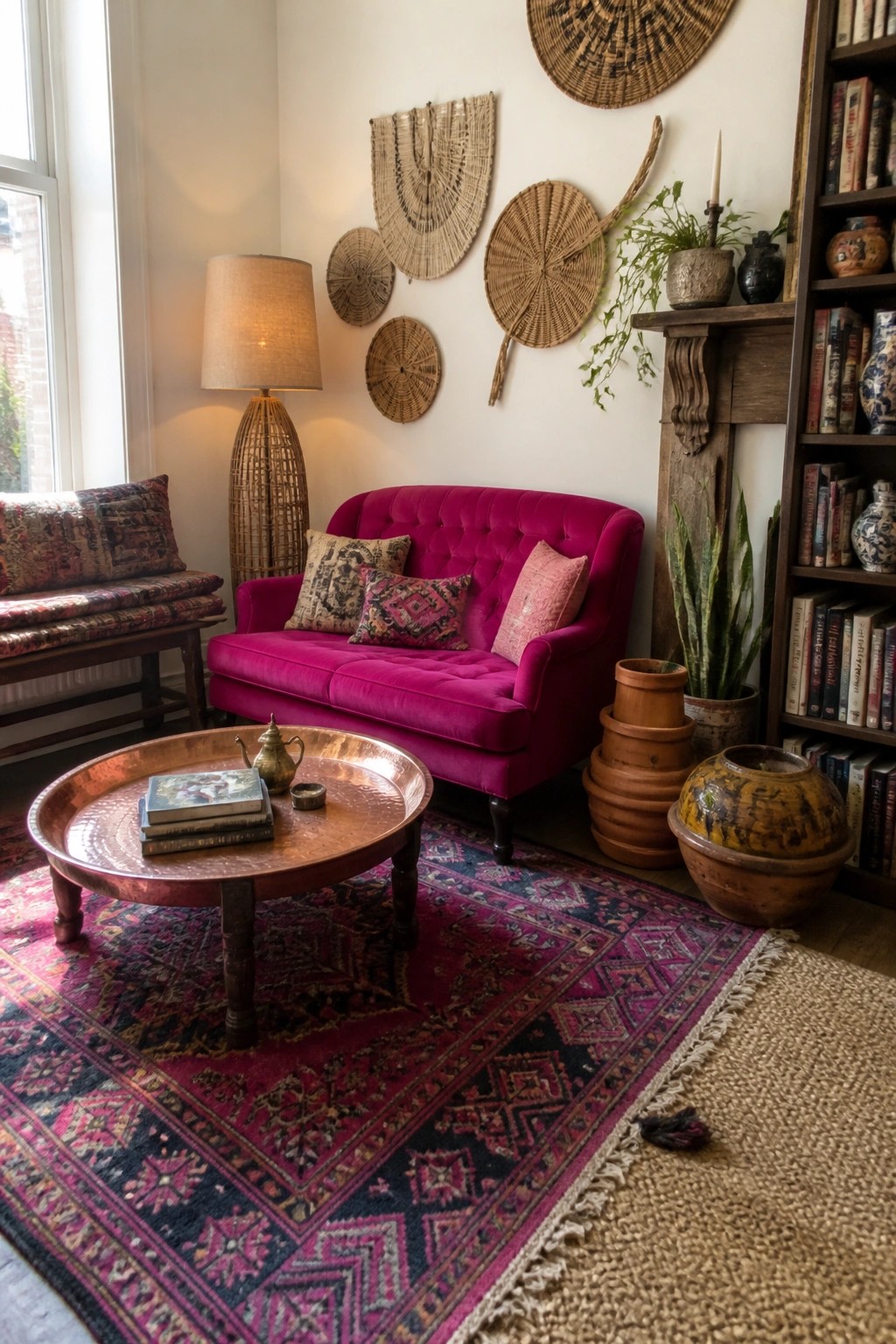 Magenta velvet sofa, copper coffee table, woven wall baskets, and patterned rug in cozy room.