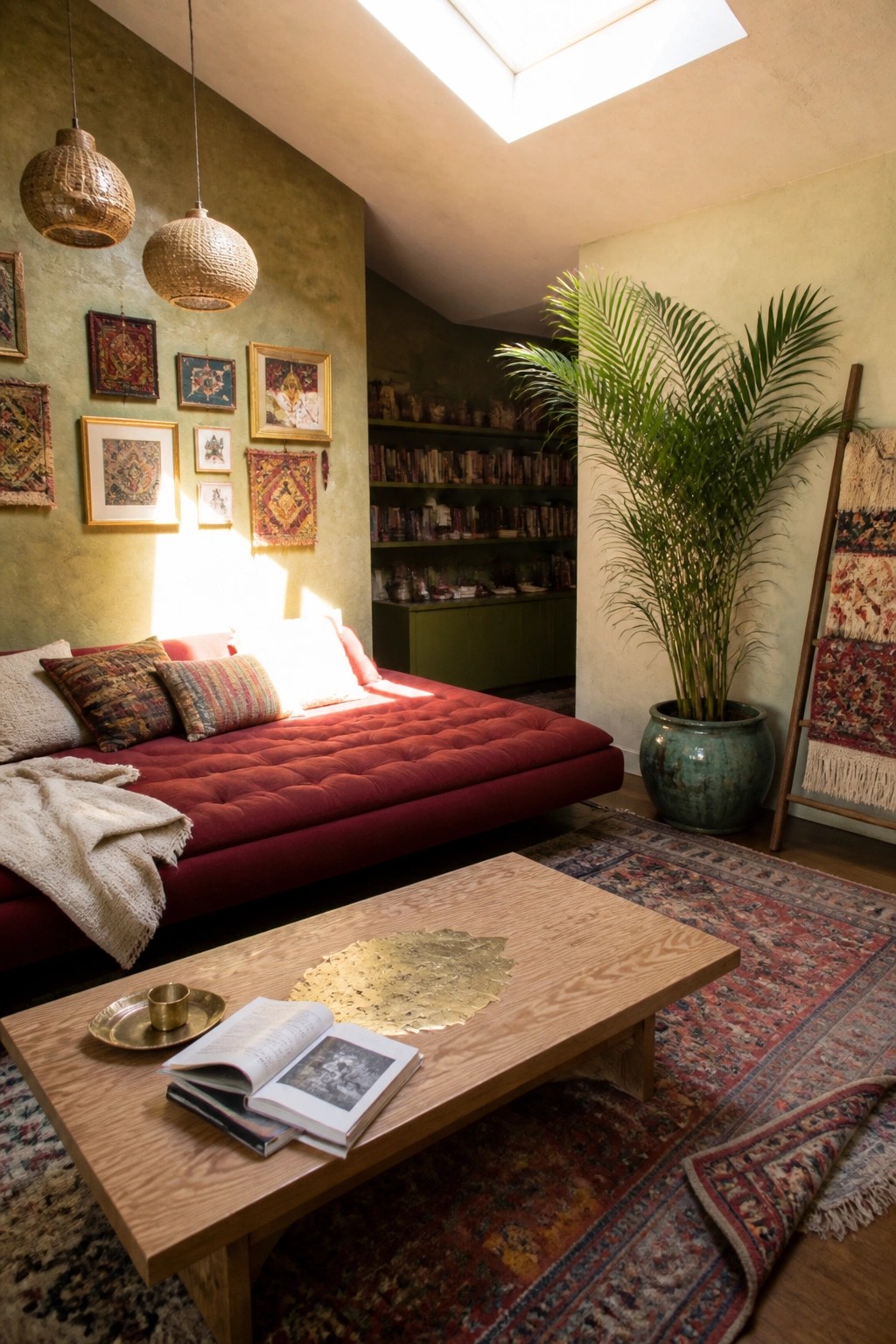 Sunlit bohemian room with red daybed, wooden table, hanging lamps, and potted palm