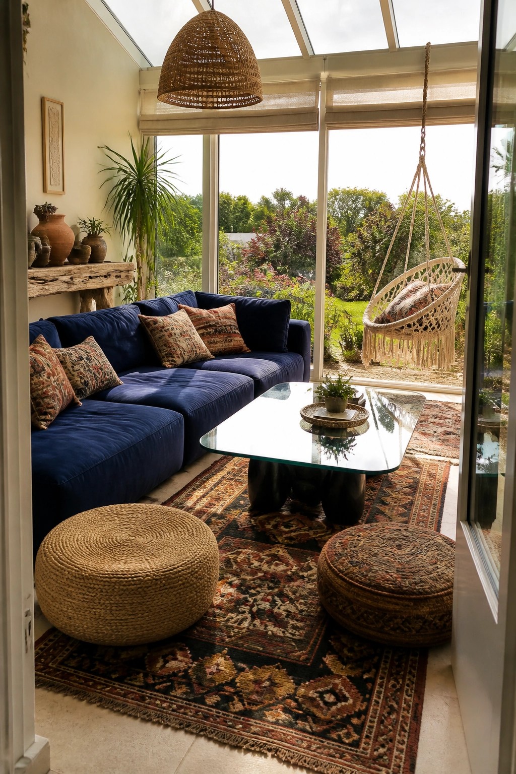 A living room featuring a navy blue sectional sofa with patterned pillows, layered rugs, woven poufs, and a glass coffee table, with a hanging chair visible through glass doors.