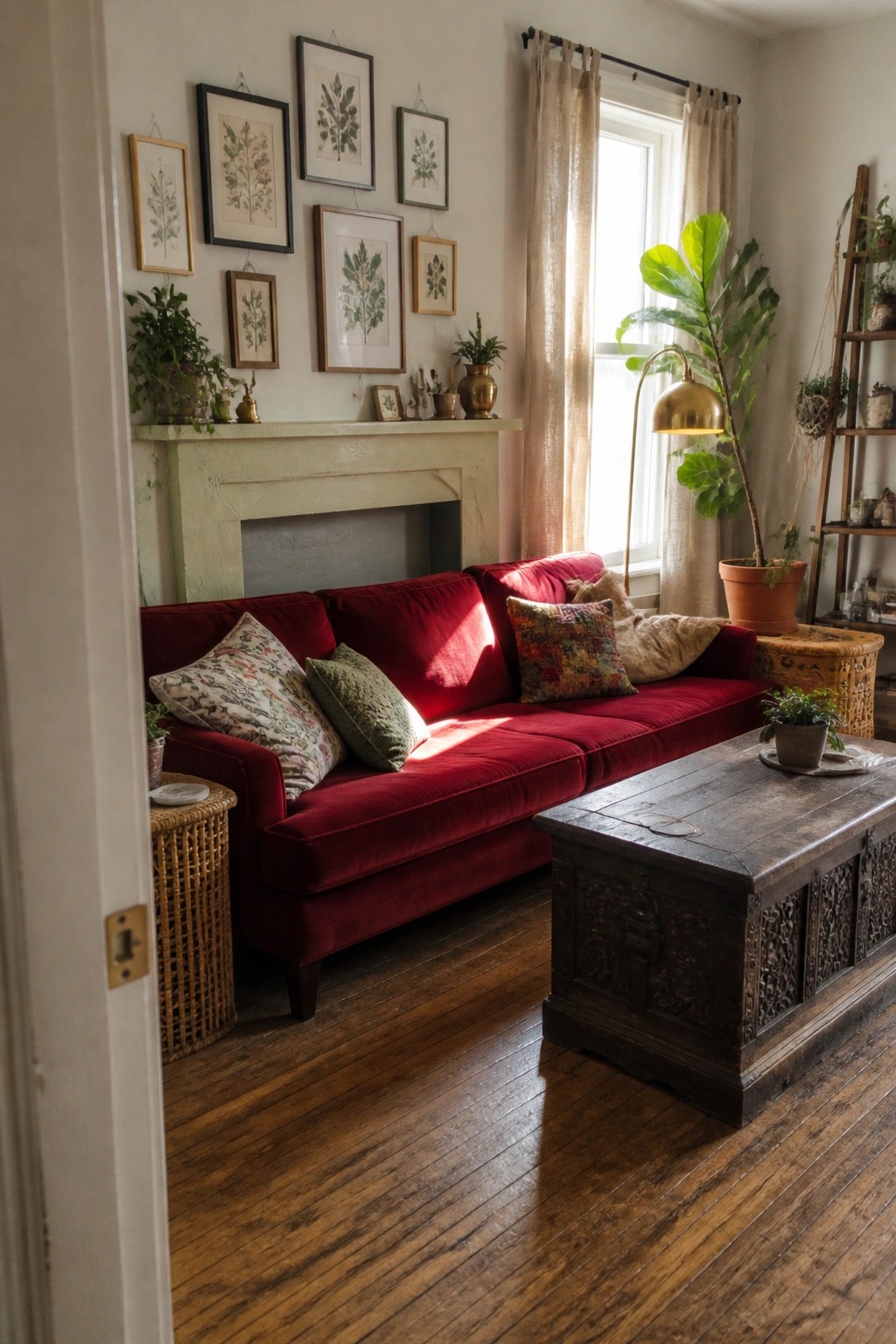 A red velvet sofa sits in a living room in front of a white fireplace, with botanical prints on the wall above and a dark wooden coffee table in front.