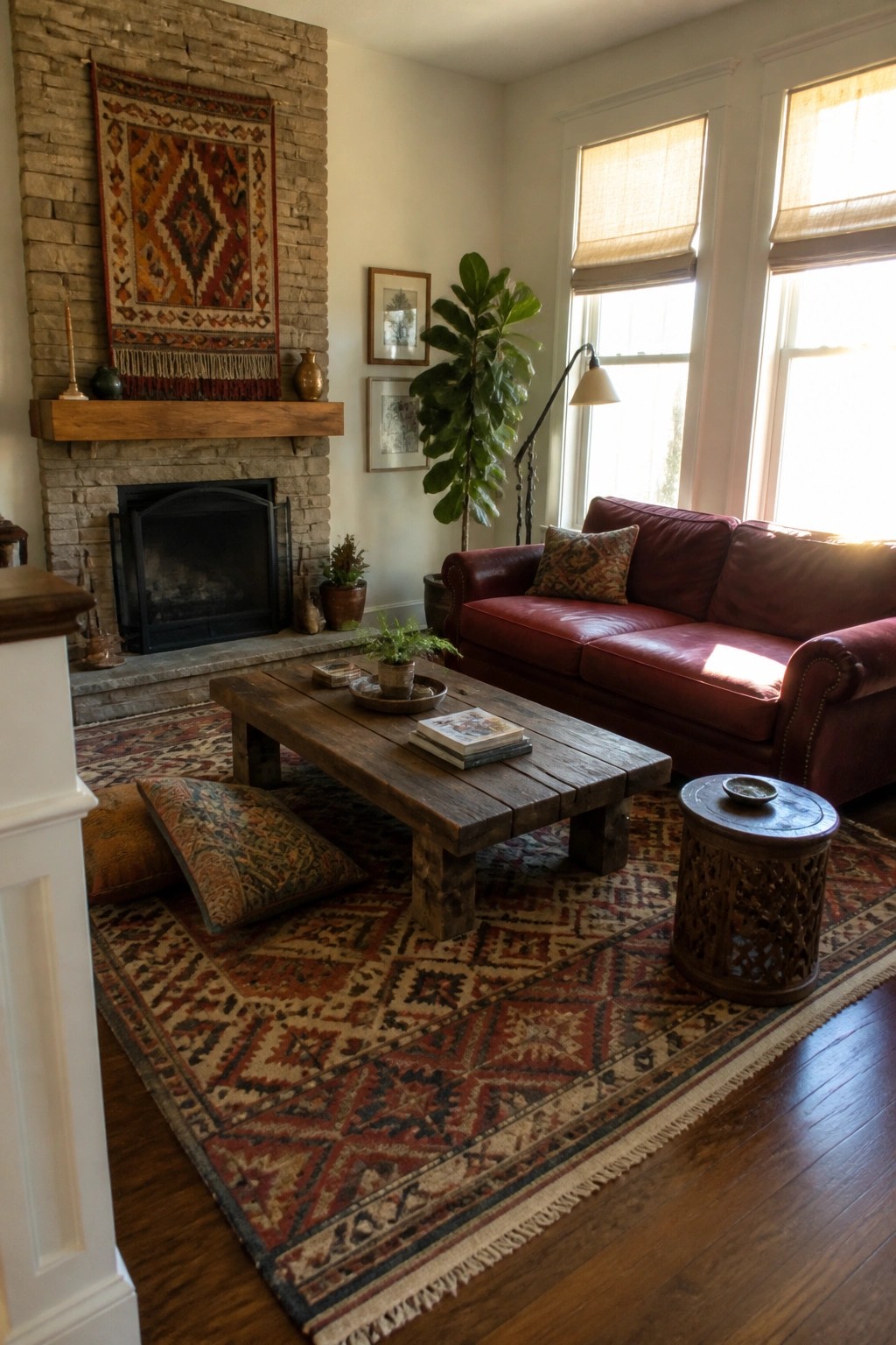 A living room with a red leather sofa, wooden coffee table on layered patterned rugs, and a stone fireplace topped with a tapestry.