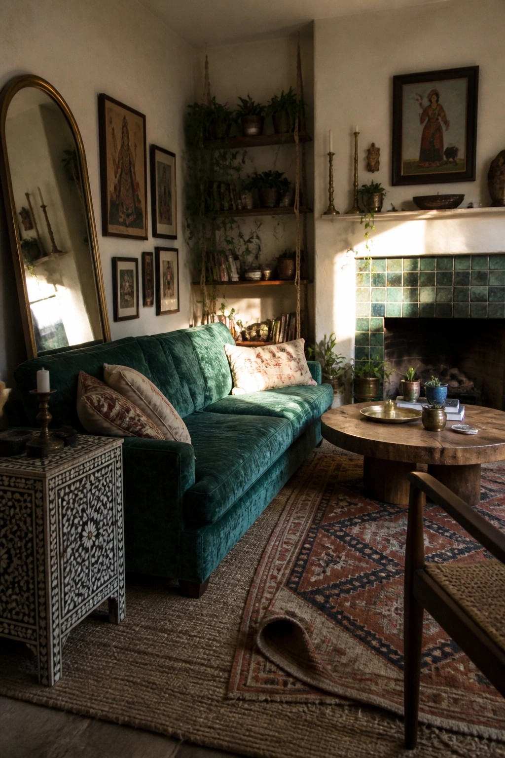 A living room with a green velvet sofa facing a tiled fireplace, wooden coffee table, patterned rug, and wall shelves filled with plants and books.