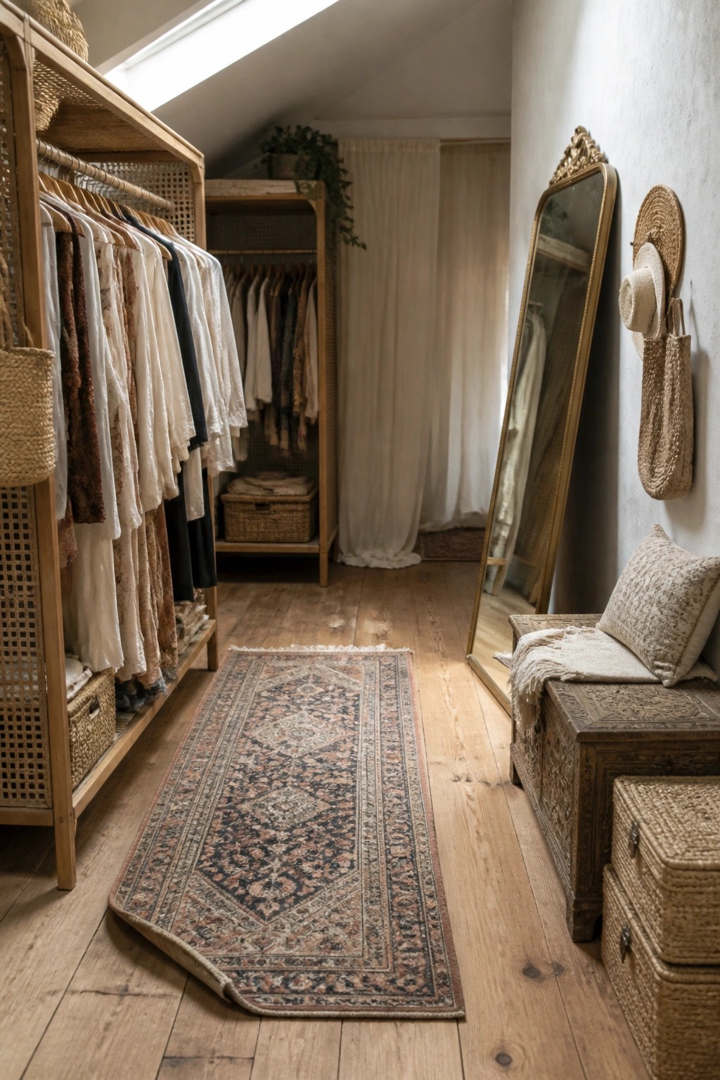 A narrow walk-in closet with wooden floors, open clothing racks, woven baskets, a large ornate floor mirror, and a long patterned runner rug.