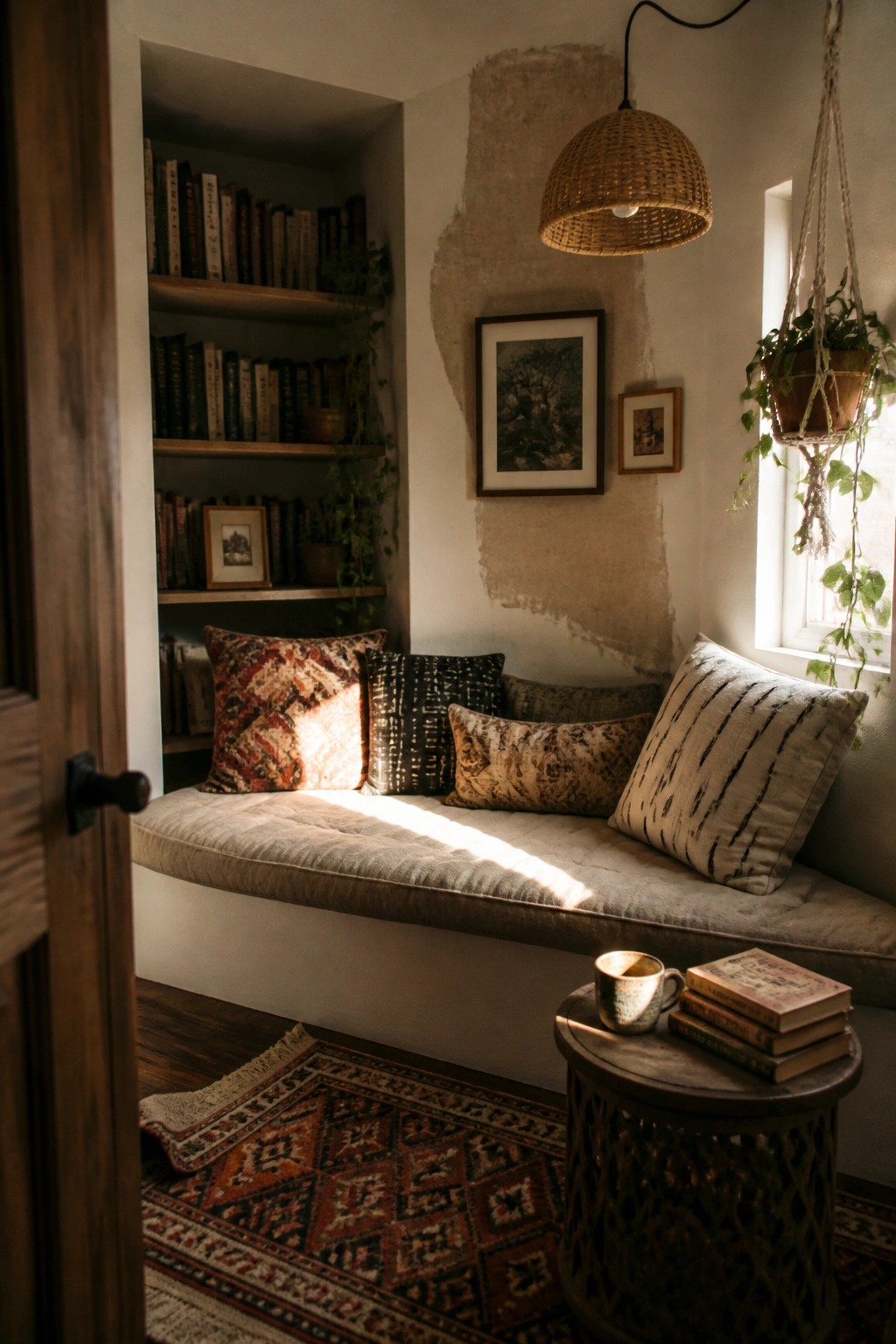 Cozy sunlit nook with cushioned bench, pillows, bookshelves, woven lamp, and hanging plant.