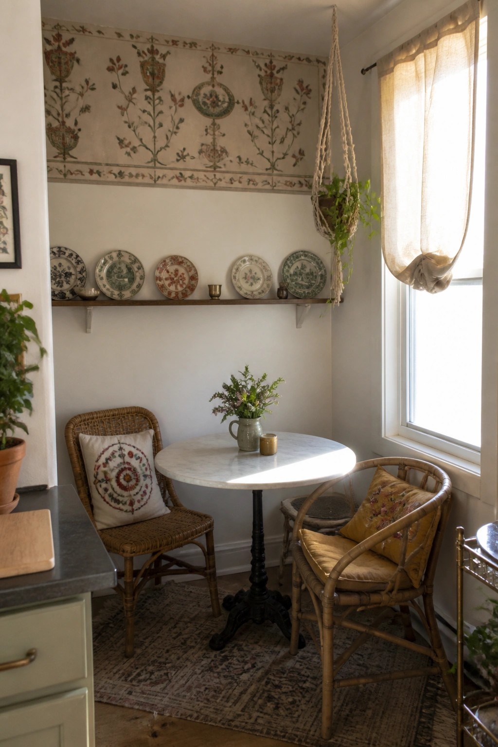 Cozy nook with marble table, wicker chairs, floral plates, hanging plant, and sheer curtains.