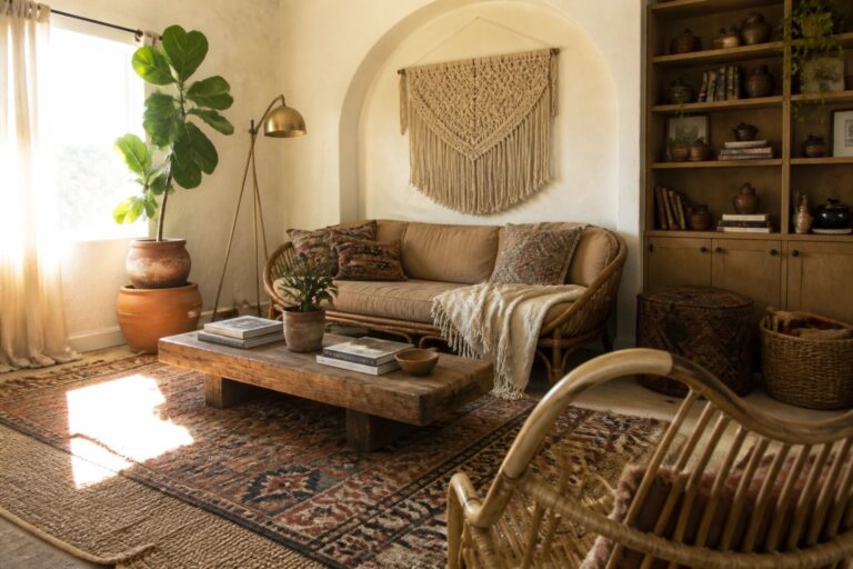 22 Creative Boho Interior Design Ideas That Add Instant Personality A living room with a rattan sofa under a macrame wall hanging, a wooden coffee table, houseplants, a woven chair, and layered rugs on a jute floor.
