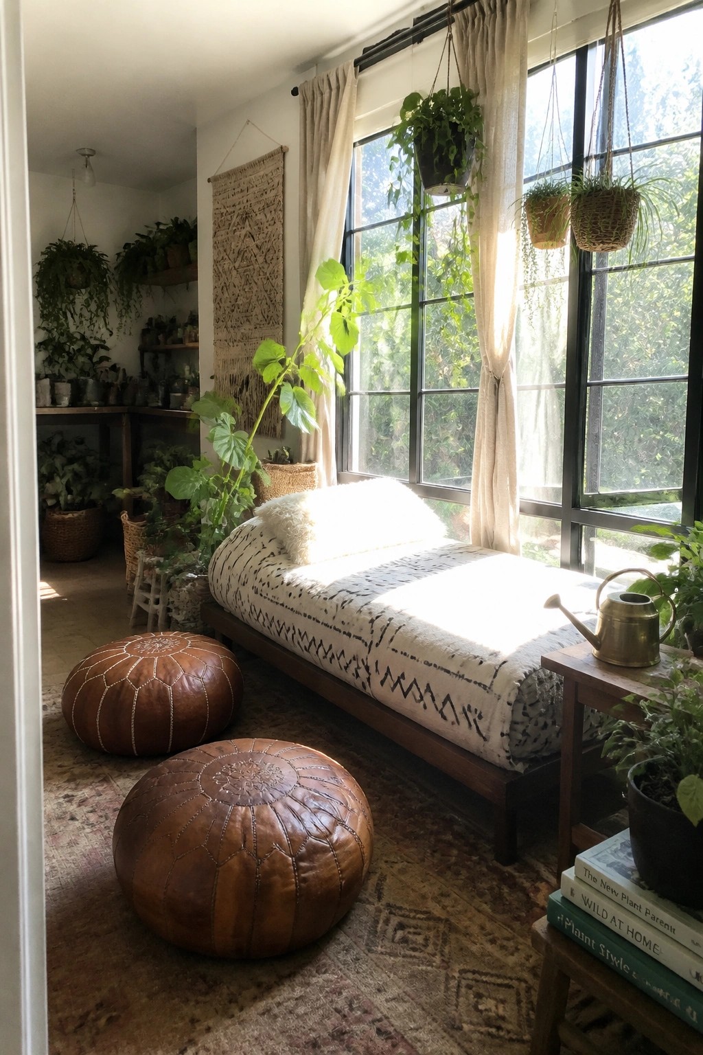 Sunlit bohemian room with daybed, hanging plants, leather poufs, and macrame wall hanging.