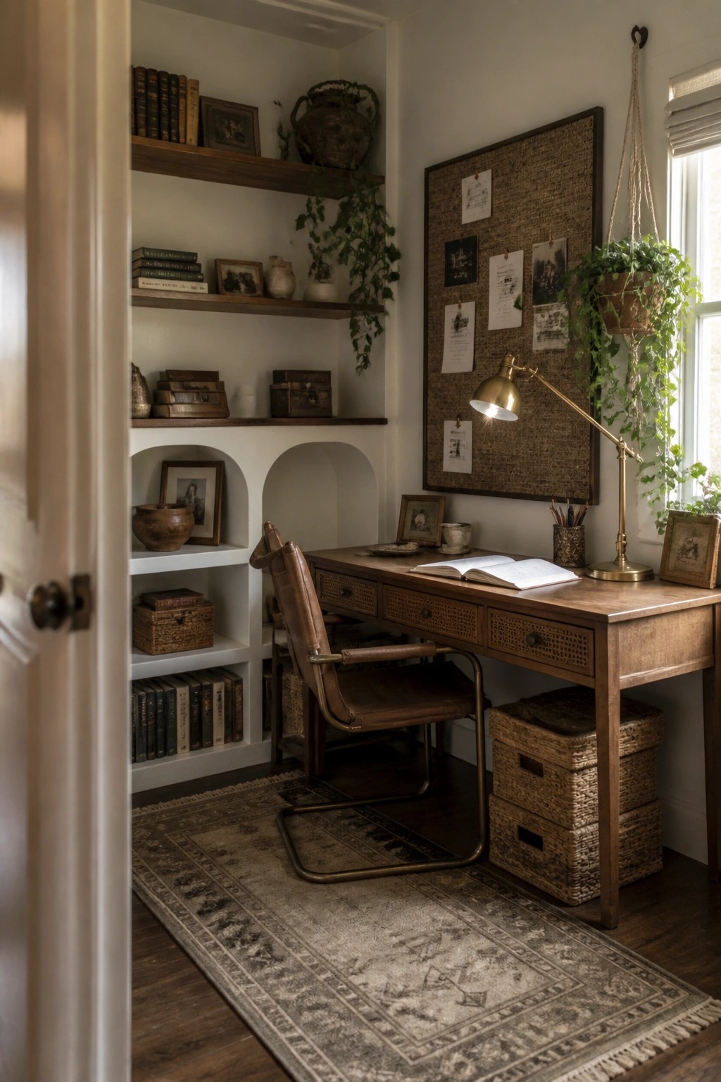 Cozy rustic office with wooden desk, leather chair, shelves, corkboard, and plants