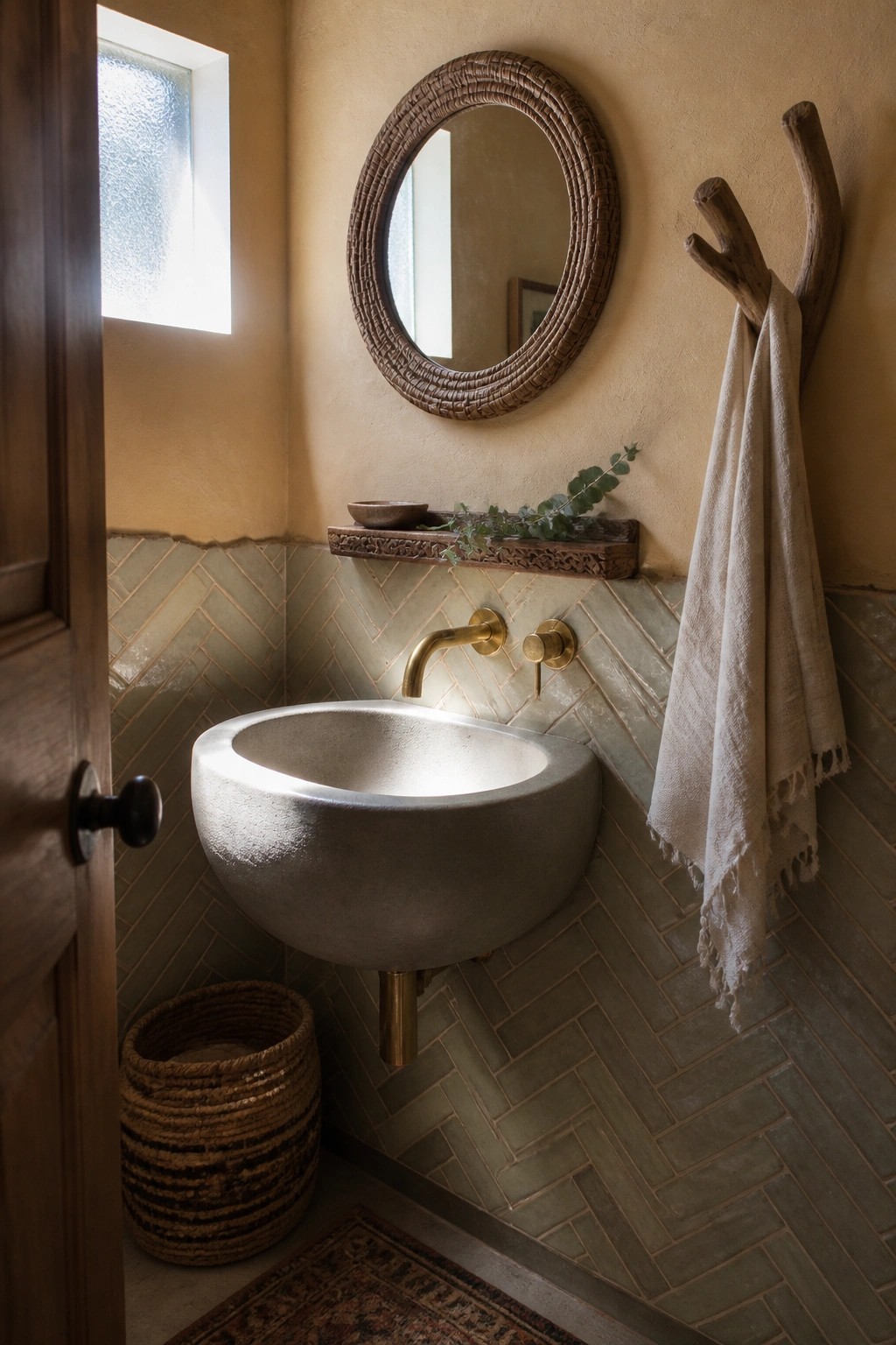Rustic bathroom with concrete sink, brass faucet, woven mirror, and herringbone tiles