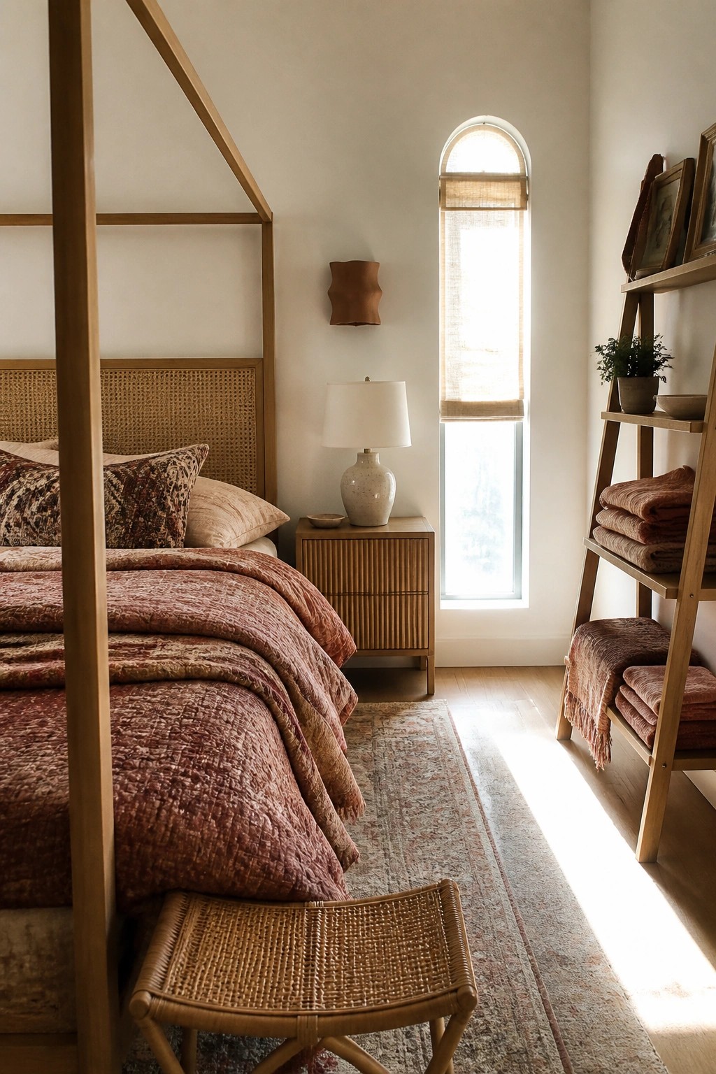 A bedroom interior showing a wooden canopy bed with rattan headboard and terracotta bedding, a wooden nightstand with lamp, an arched window, a woven stool, and a leaning wooden ladder shelf holding folded blankets.