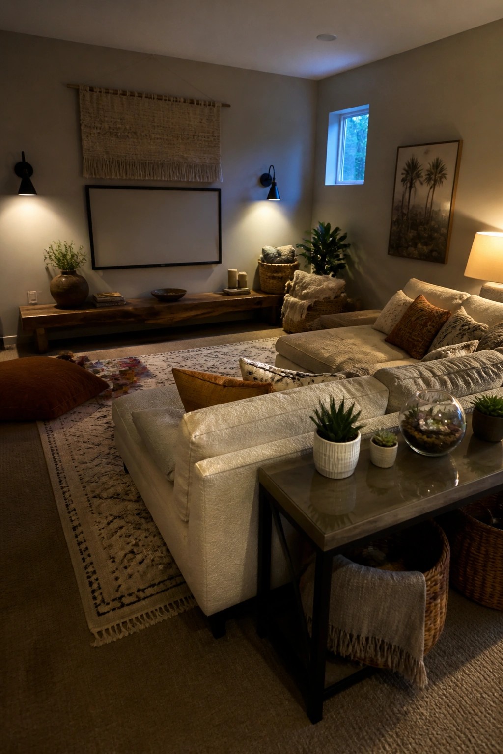 A living room featuring a large sectional sofa, a wooden coffee table with potted plants, a macrame wall hanging above a television, and various woven baskets and pillows.