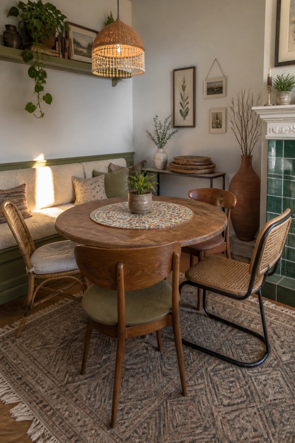 Cozy dining nook with round wooden table, mixed chairs, and woven pendant light.