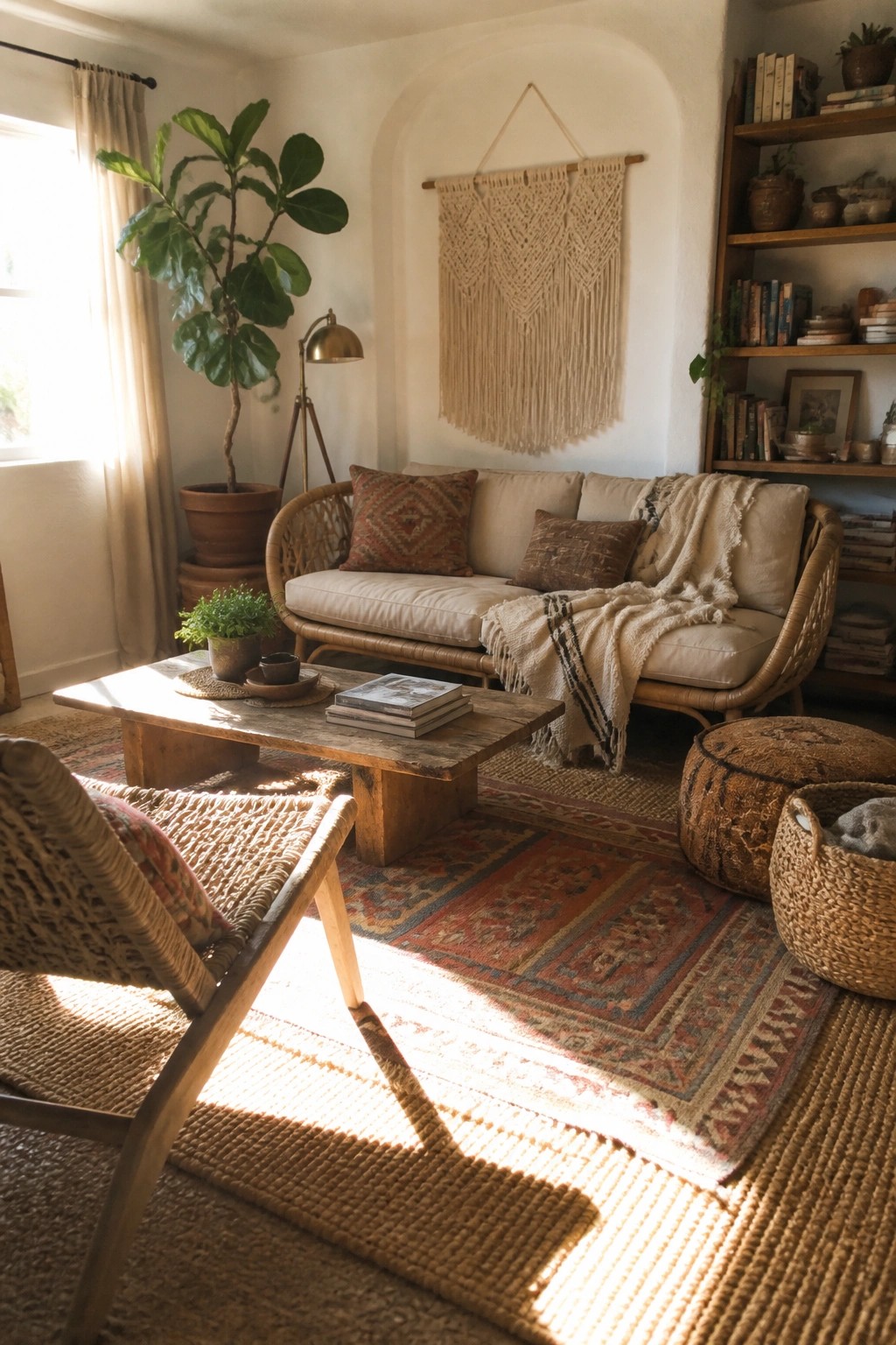 A living room with a rattan sofa under a macrame wall hanging, a wooden coffee table, houseplants, a woven chair, and layered rugs on a jute floor.