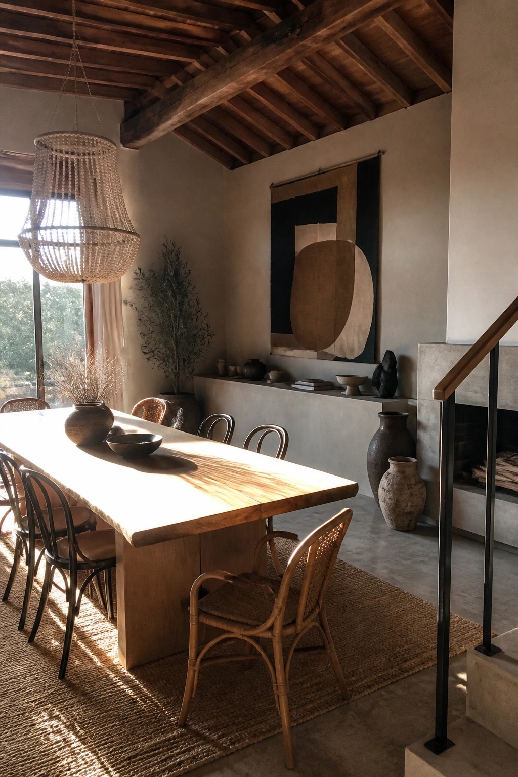 A spacious dining room features a long wooden table with mixed chairs including cane and metal styles, a beaded chandelier, abstract wall art, and large ceramic vases on a woven rug.