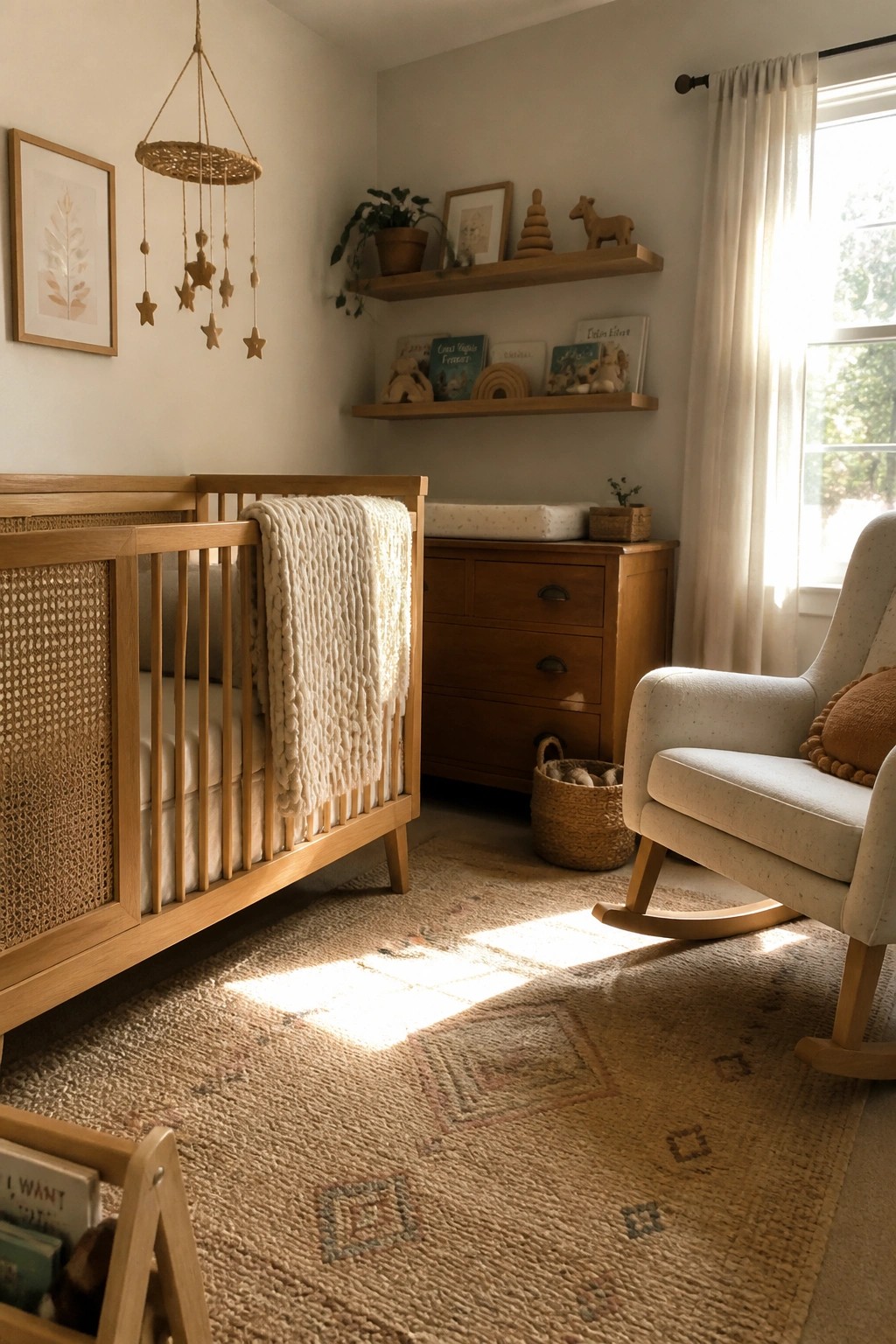 A bright nursery with a wooden crib with cane sides, a woven rug, floating wood shelves holding books and toys, and a light-colored rocking chair near a window.