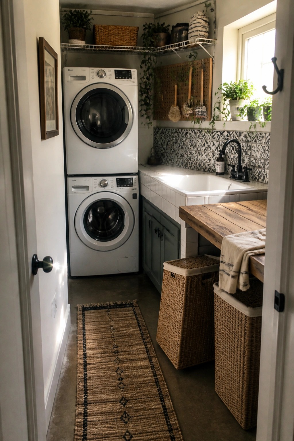 Rustic laundry room with stacked washer dryer, sink, wooden counter, and woven baskets.