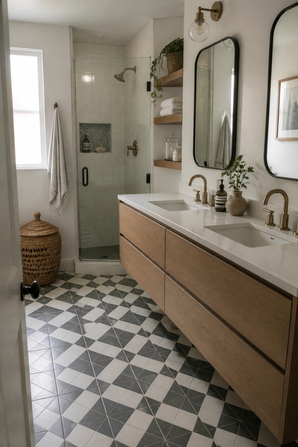 A bathroom interior showing a floating wood vanity with two sinks, black and white patterned tile floor, open wooden shelves with towels and plants, and a glass shower in the background.