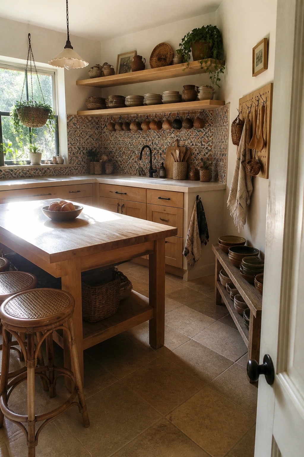 A kitchen interior featuring light wood open shelves above a patterned tile backsplash, with pottery, stacked dishes, and hanging plants visible, alongside a wooden island and woven stools.