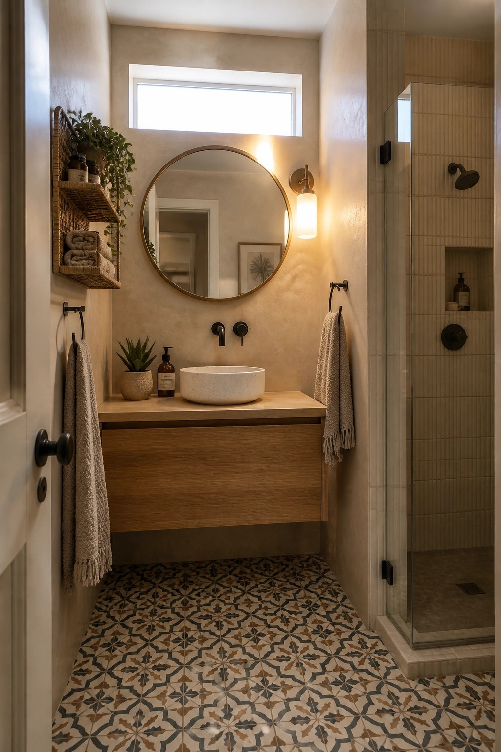 A compact bathroom with a floating wood vanity, round mirror, patterned tile floor, woven wall shelf, and glass shower enclosure on the right.
