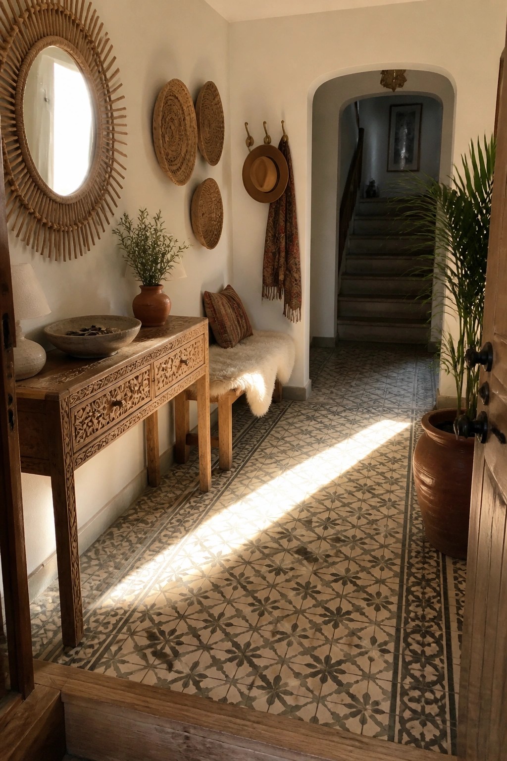 A long hallway with patterned tile flooring, a carved wooden console table holding a bowl and lamp, a round woven mirror, a fur-covered bench, wall hooks with a hat and scarf, and large potted plants near an arched doorway.