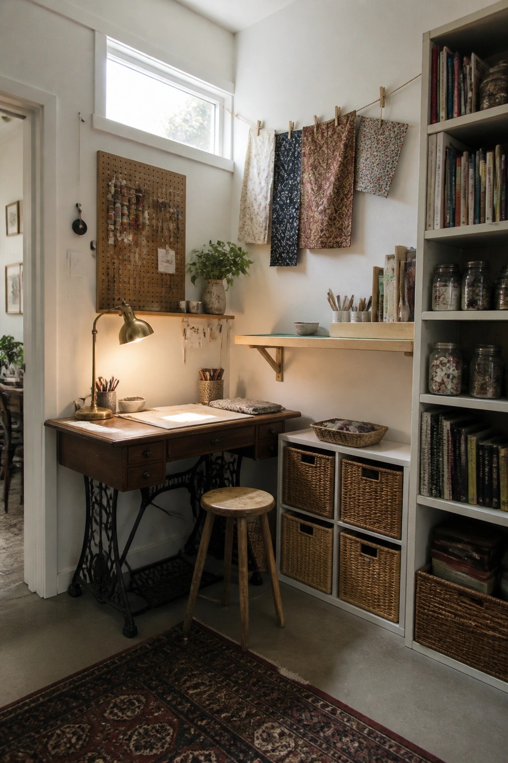 A craft room with a wooden desk mounted on a black vintage sewing machine base, a wooden stool in front, a pegboard with thread spools on the wall, open shelving with books and jars, and fabric pieces clipped to a string.