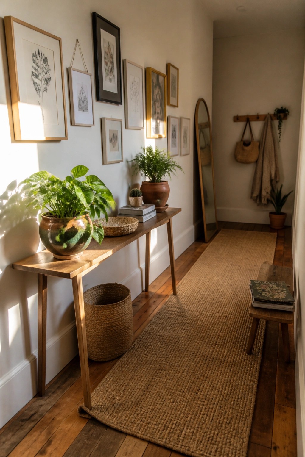 A long wooden console table with potted plants and woven baskets stands against a white wall covered in framed art, with a jute rug running along the wooden floor in a hallway.