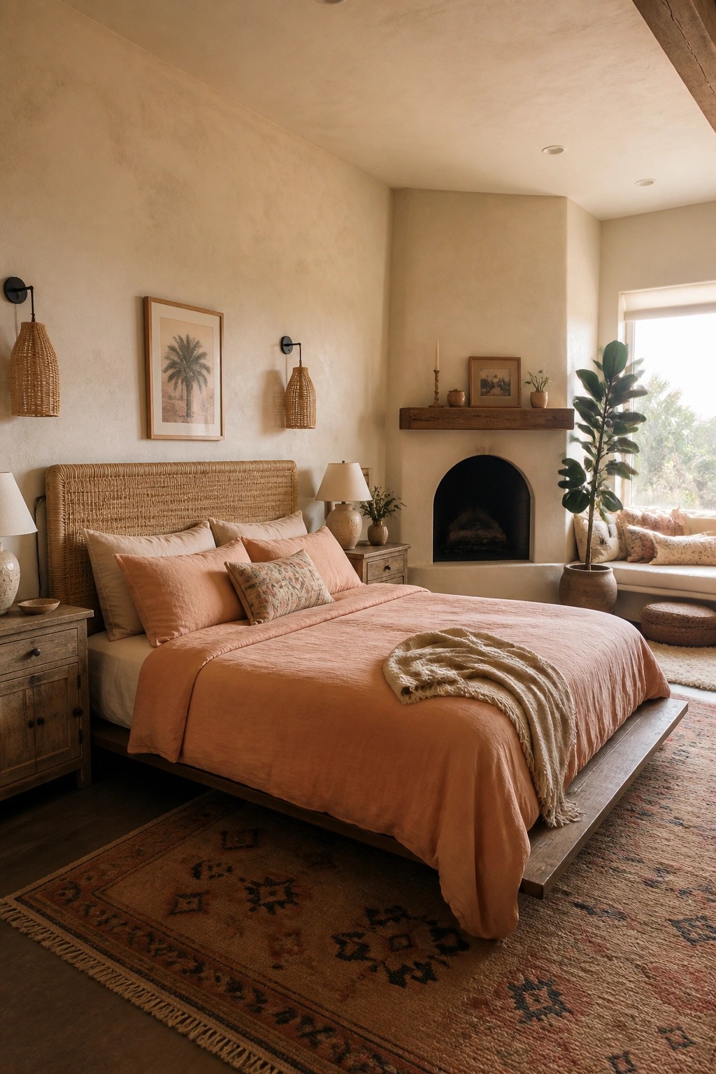 A bedroom featuring a large bed with a woven rattan headboard, terracotta bedding, and a fireplace in the background.