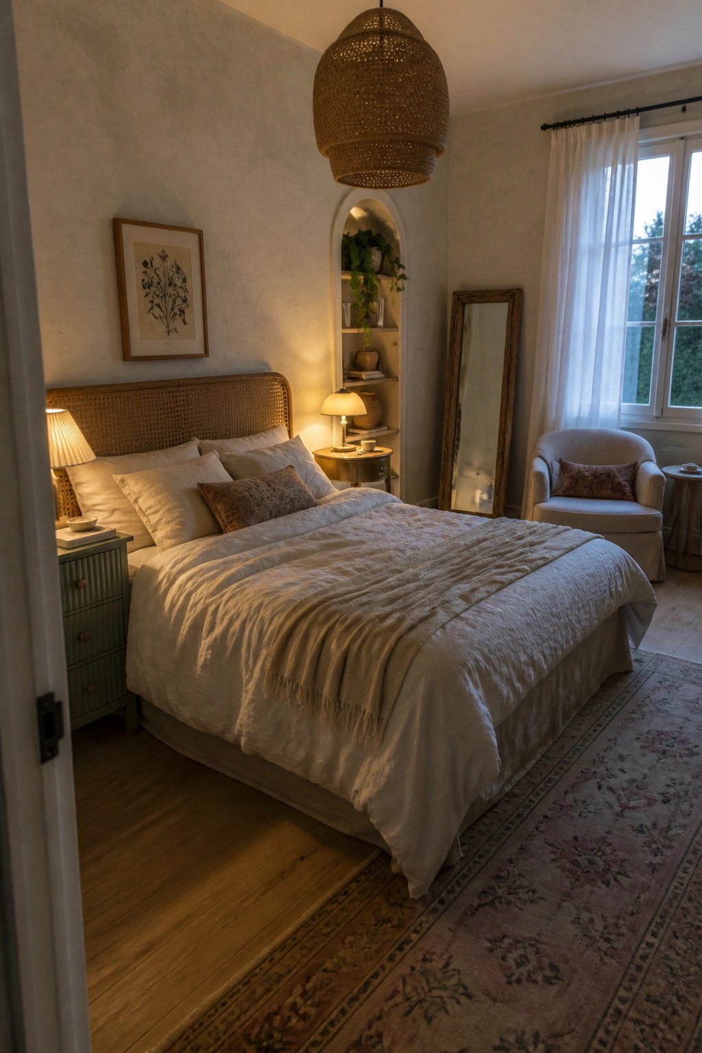 A bedroom with a bed dressed in white linens, a rattan headboard, a large woven pendant light hanging above, and an arched niche holding plants and books.