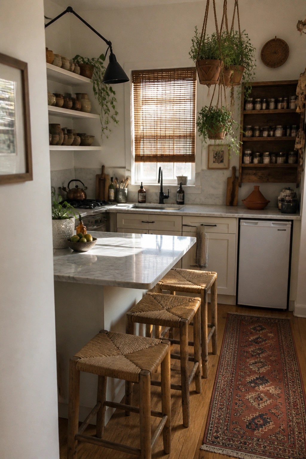 Cozy kitchen with marble island, woven stools, hanging plants, open shelves, and patterned rug.