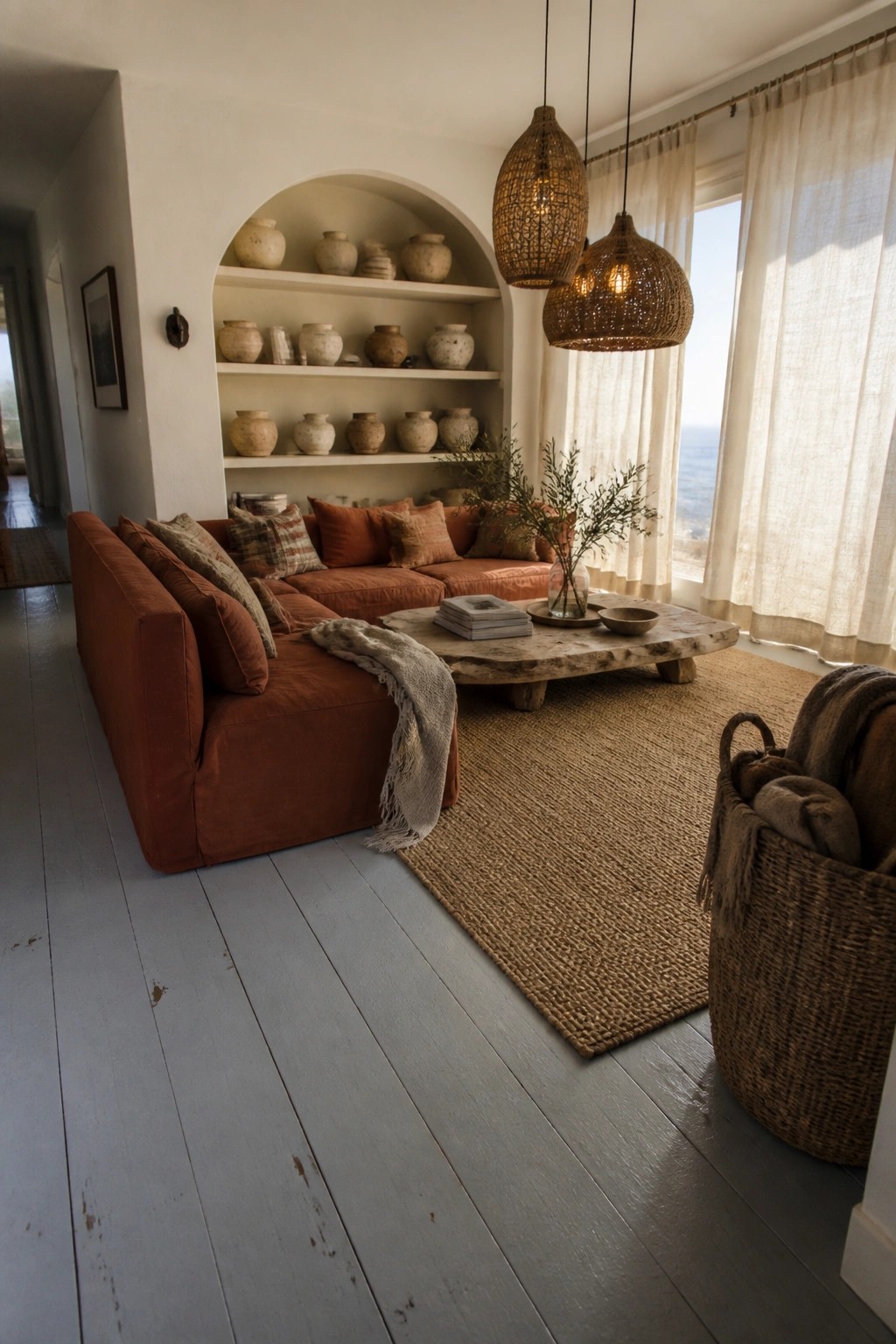 A living room featuring a rust-colored sofa facing built-in arched shelves filled with assorted clay pottery, a rustic wood coffee table on a jute rug, and woven pendant lights near a window.