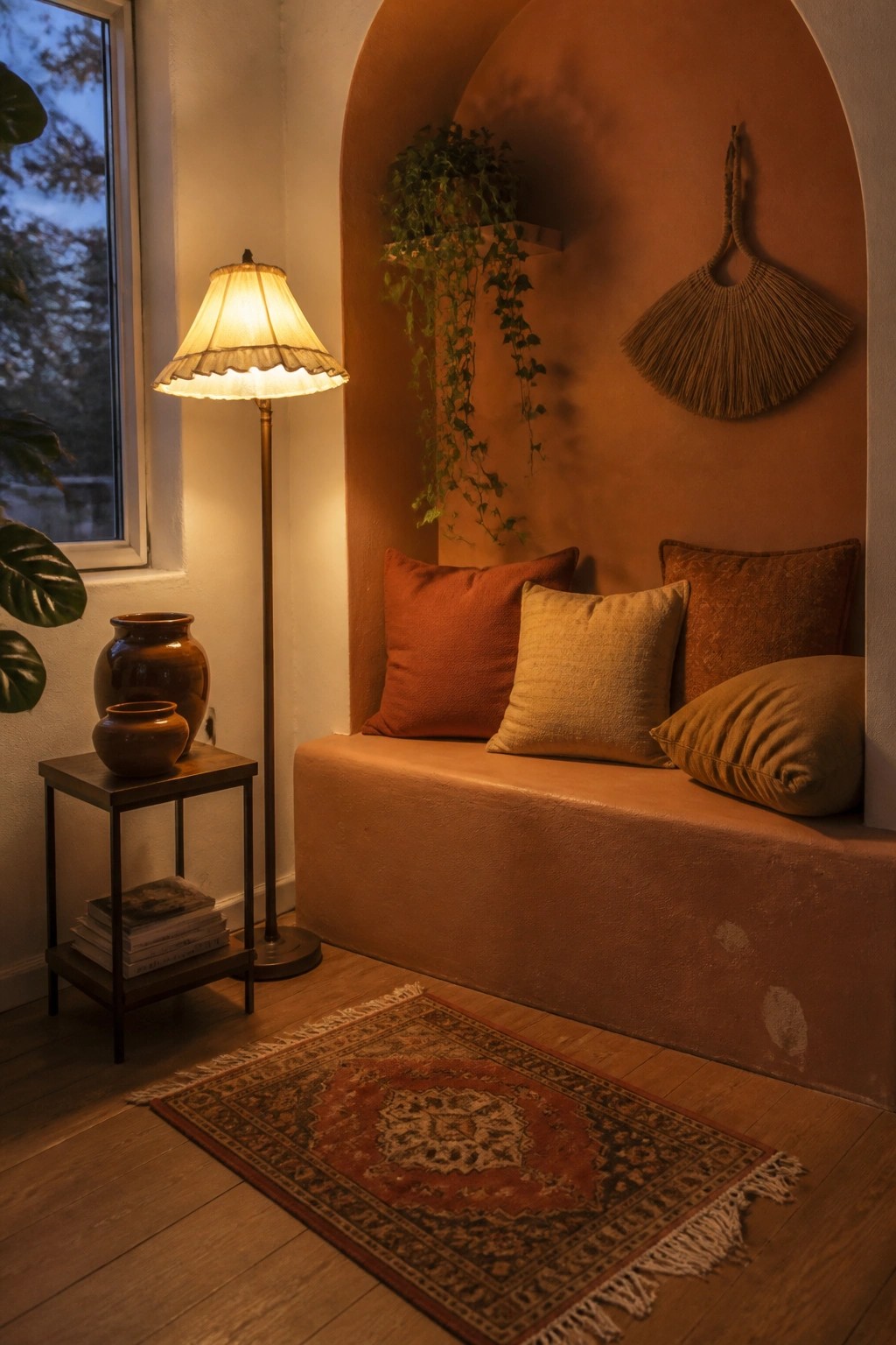 A built-in bench inside a terracotta arched niche holds several pillows in rust, beige, and mustard tones, with a patterned rug on the wood floor and a floor lamp next to a side table holding books and vases.