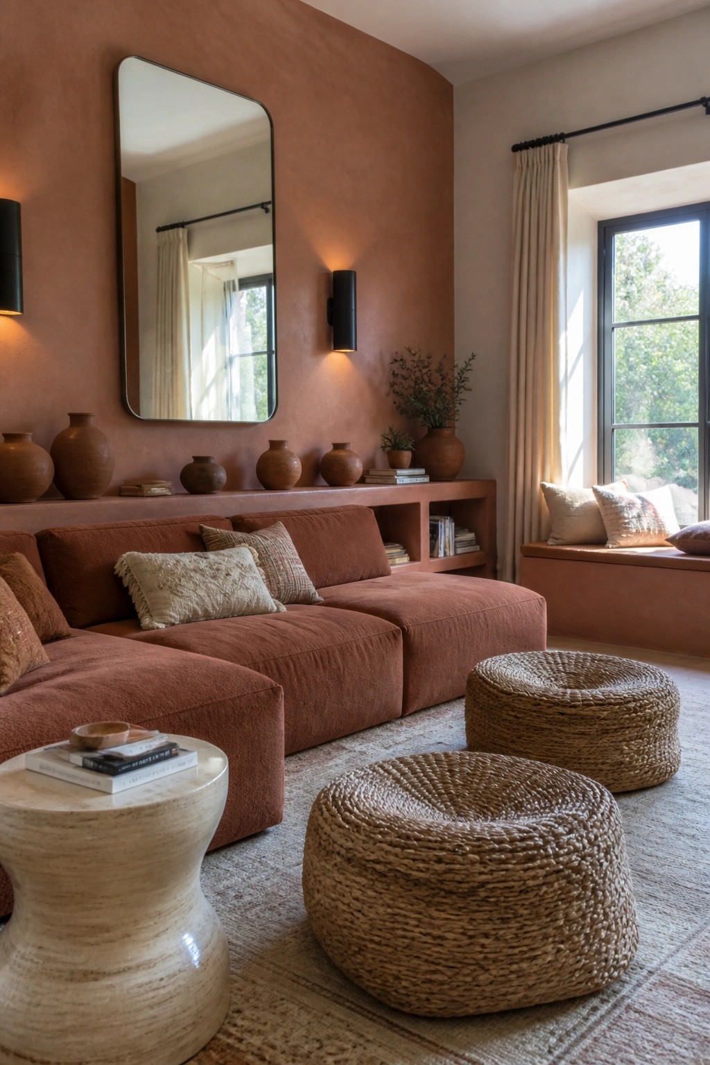 Cozy terracotta living room with rust sectional sofa, woven poufs, and marble table.