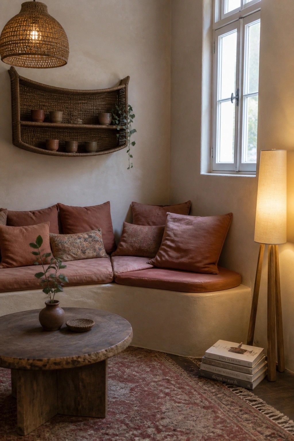 Corner view of a living room with built-in terracotta seating, a round wooden coffee table, and a woven wall shelf holding small pottery.