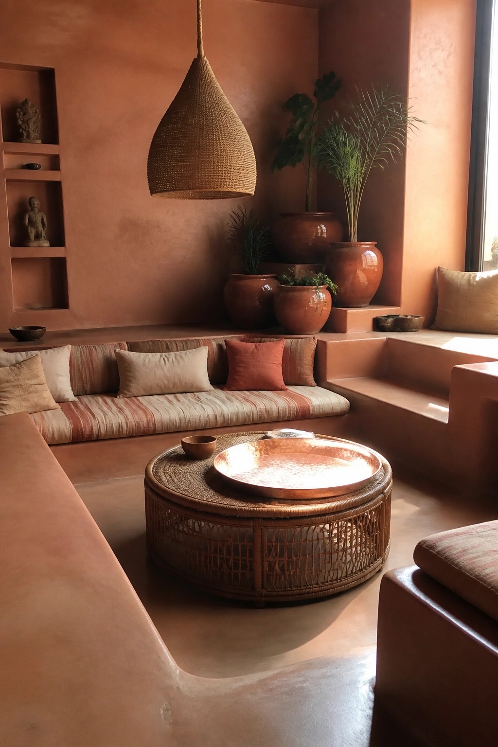 Terracotta lounge with built-in seating, woven pendant light, copper tray, and potted plants.