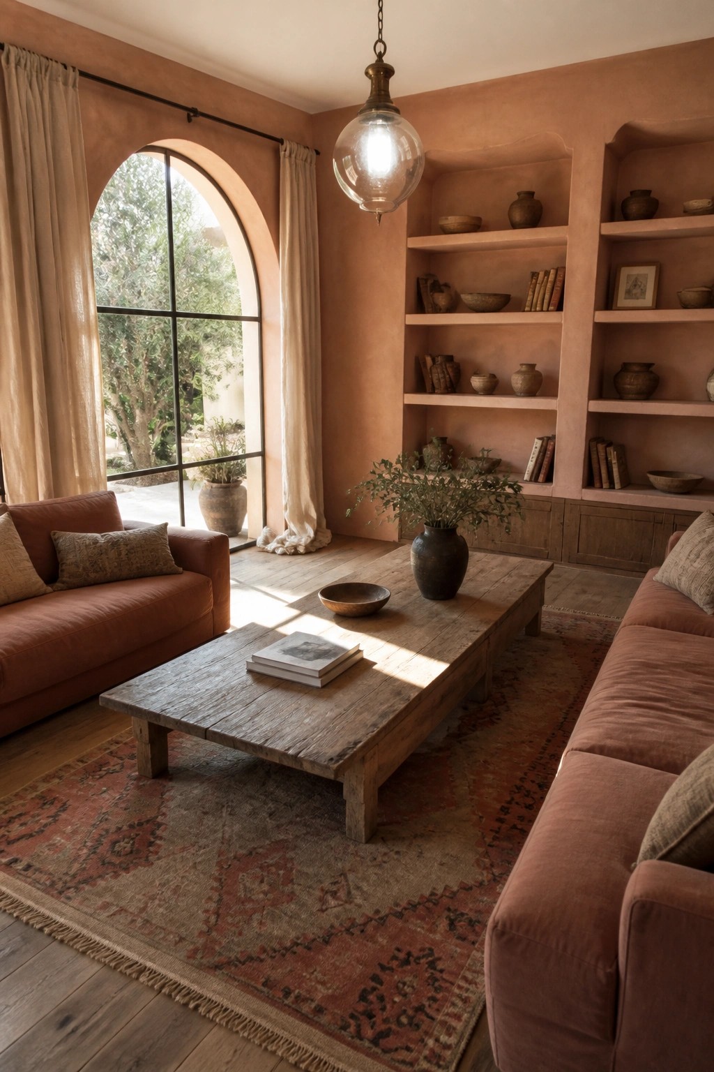 Terracotta living room with rust sofas, rustic wood table, arched window, and pottery shelves.