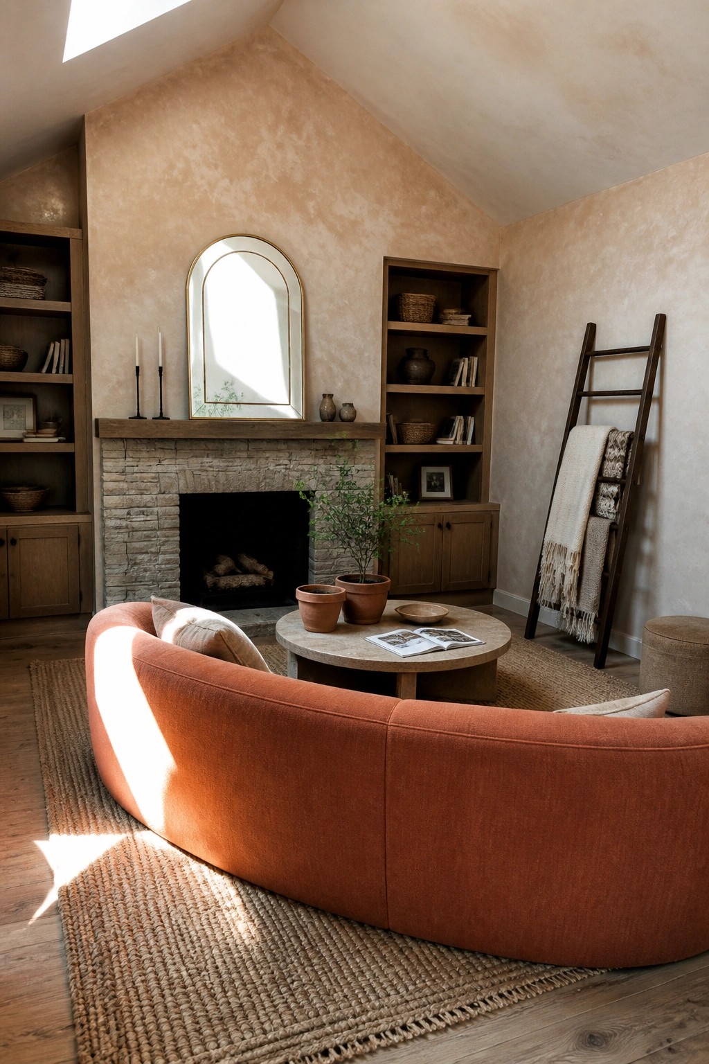 A living room featuring a large curved terracotta sofa positioned in front of a stone fireplace with built-in wooden shelving on either side.