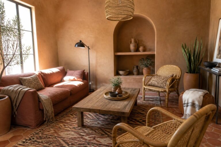 A living room featuring terracotta walls, a rust sofa, wooden coffee table, wicker chairs, woven light fixture, and built-in arched shelving with pottery.