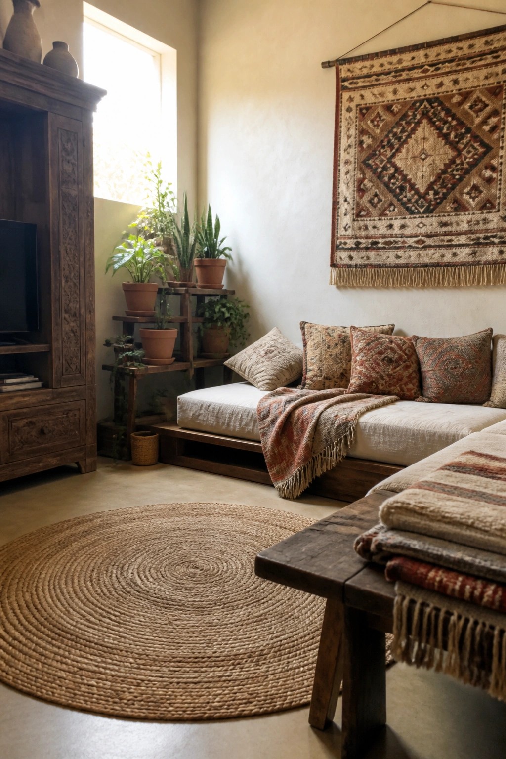 A living room featuring a low wooden sofa with multiple patterned terracotta and clay tone pillows, a fringed throw, a round woven jute rug, and potted plants beside a window.