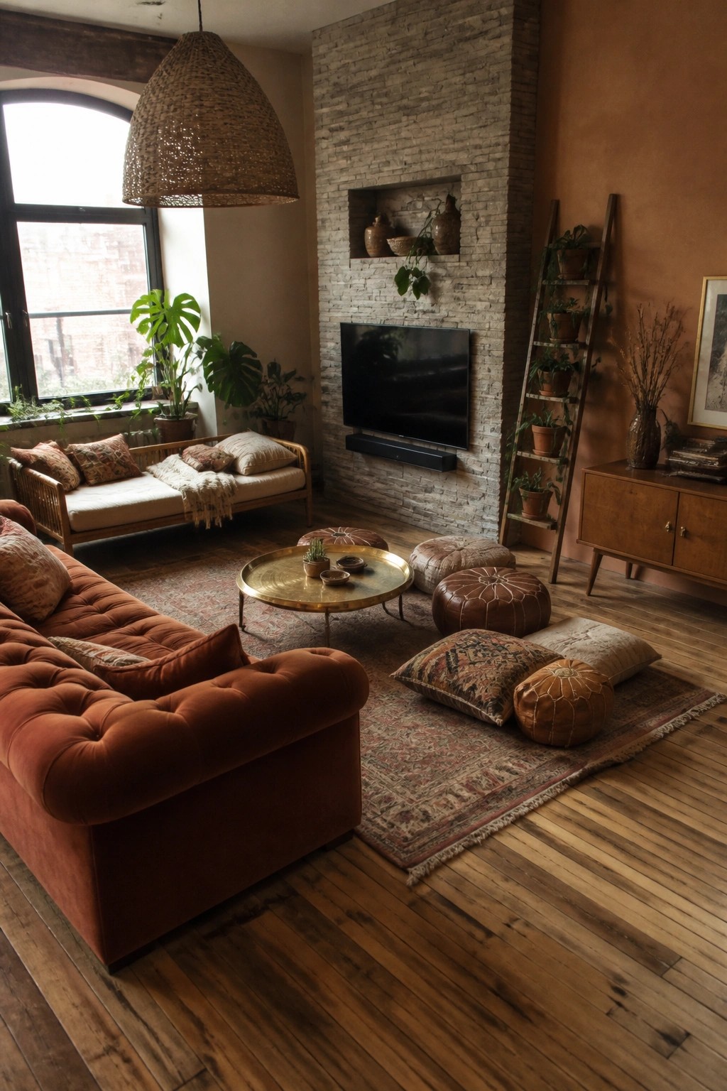 A living room with a large terracotta tufted sofa, leather poufs, a round brass coffee table, and a stone fireplace with mounted TV.