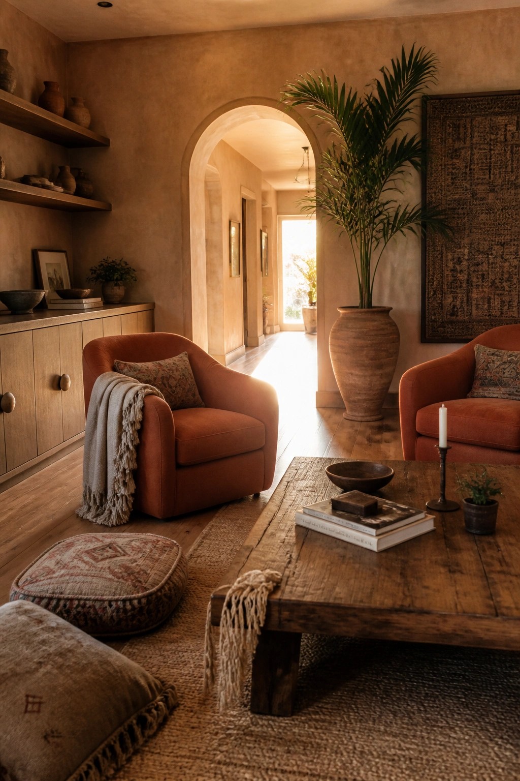 A living room featuring two terracotta upholstered armchairs, a rustic wooden coffee table, woven floor cushions, and a large clay pot with a palm plant near an arched hallway.